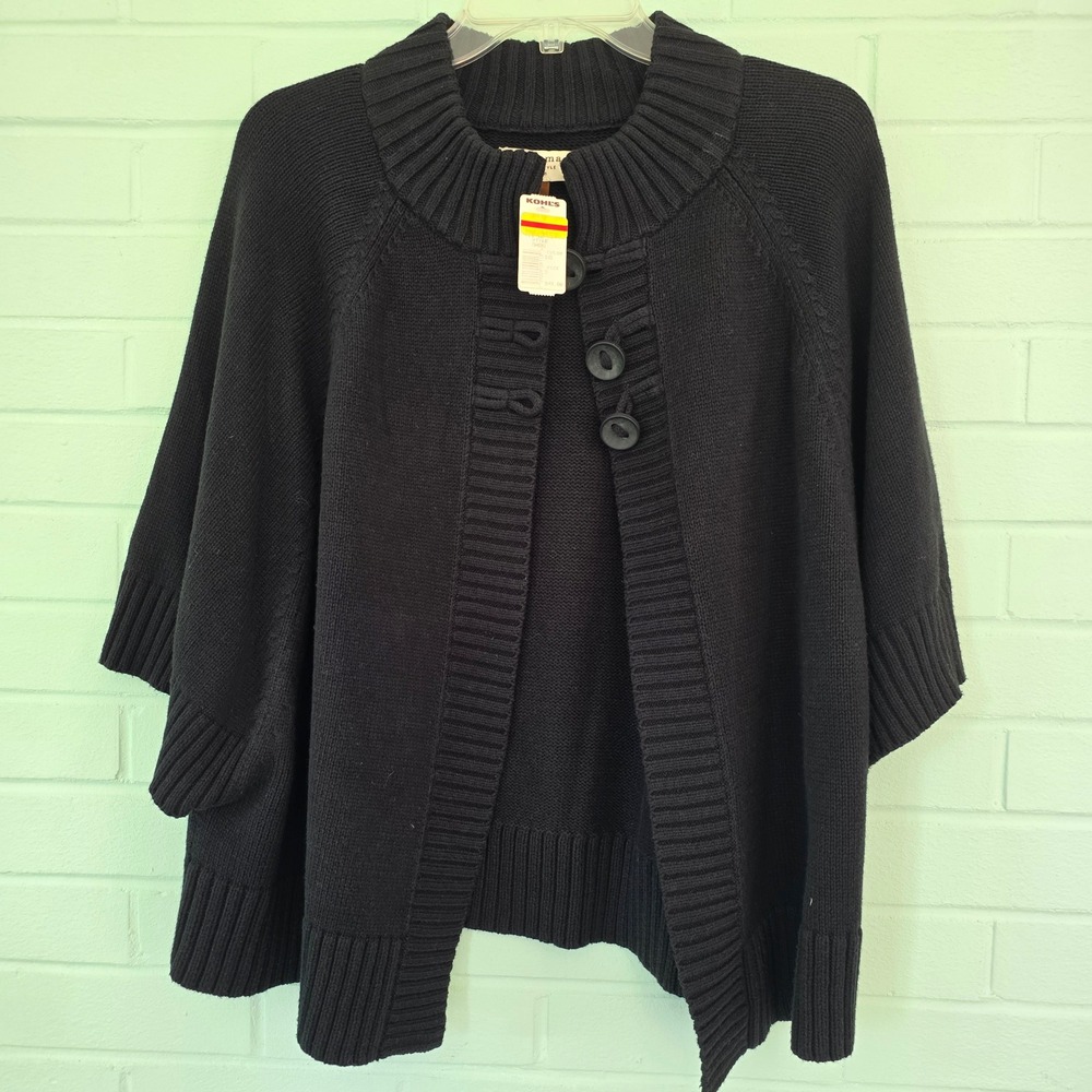 NWT Sonoma Life Style 3X Black Knit Poncho Cardigan Sweater Mock Neck Button